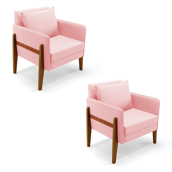 Poltronas Sala Decorativa Kit 2 Lana Suede Rosa Bebê Base De