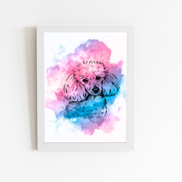 Poodle Cachorro Aquarela Rosa Quadro Moldura Branca 60x40cm