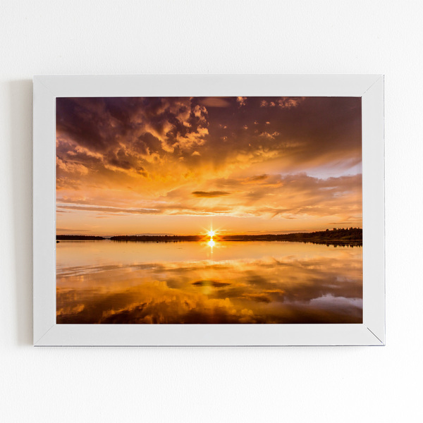 Pôr Do Sol Paisagem Mar Nuvens Quadro Moldura Branca 60x40cm