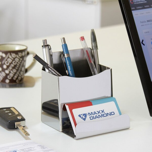 Porta Caneta E Cartão De Visita Em Aço Inox Escovado/polido