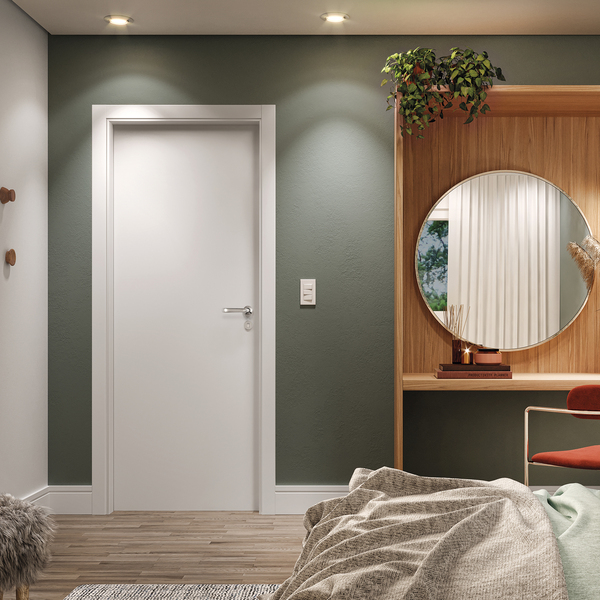 Porta com Batente de Giro Madeira Sarrafeada Lisa Lacca Touch Bianco Lado Direito ou Esquerdo 2,10x0,60m Concrem Wood