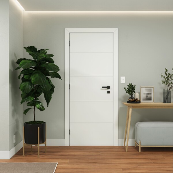 Porta com Batente de Giro de Madeira Sarrafeada Decorada Pintura UV Branco Vivace Lado Direito 2,10x0,60m Artens