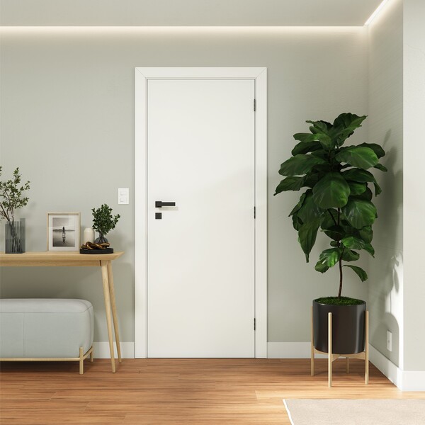 Porta com Batente de Giro de Madeira Sarrafeada Lisa Pintura UV Branco Vivace Lado Esquerdo 2,10x0,90m Artens