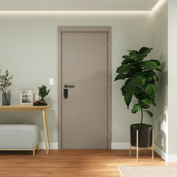 Porta com Batente de Giro 12cm Sarrafaeada Lisa Lacca Touch Capuccino Lado Direito ou Esquerdo 2,10x1,00m Vivace Plus