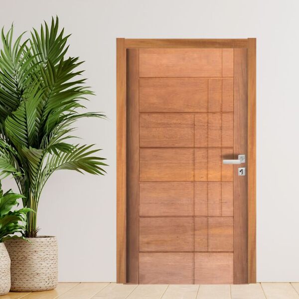 Porta Completa Bbb 03 Frisos 90x210cm Em Madeira Maciça Cedro