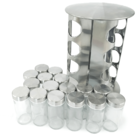 Porta Condimentos Redondo Em Aço Inox Com 16 Potes De Vidro E