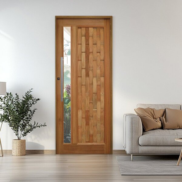 Porta Couro Em Pé Com Visor Batente 14 Puxador Barra Chata 80