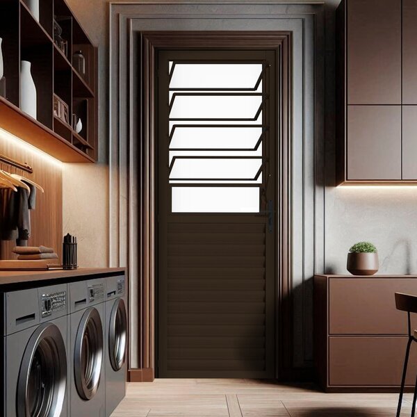 Porta De Aluminio Laminada 210 X 85cm Com Divisão Fixa Acetin