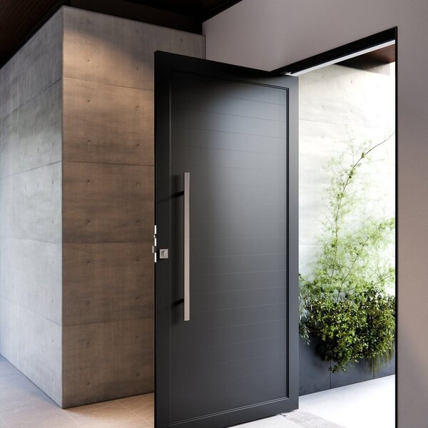 Porta De Alumínio Pivotante Lambri 215x105cm Com Puxador De 8