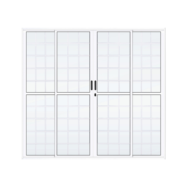 Porta de Correr 4 Folhas Quadriculada Alumínio Pintado Branco Abertura Central 2,10x2,00m Linha Palace Líder