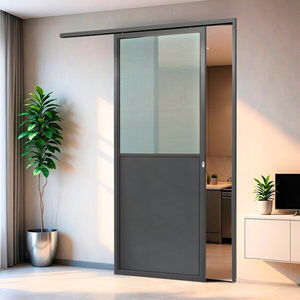 Porta De Correr Suspensa 210x100cm Meia Lambril Meia Vidro Es