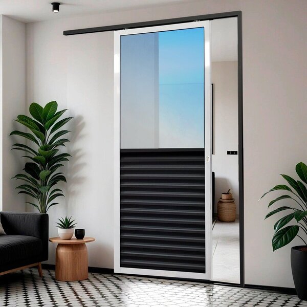 Porta De Correr Suspensa 210x100cm Meia Veneziana Meia Vidro