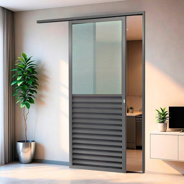 Porta De Correr Suspensa 210x100cm Meia Veneziana Meia Vidro