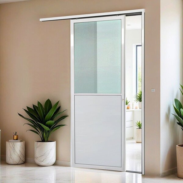 Porta De Correr Suspensa 210x70cm Meia Lambril Meia Vidro Dir