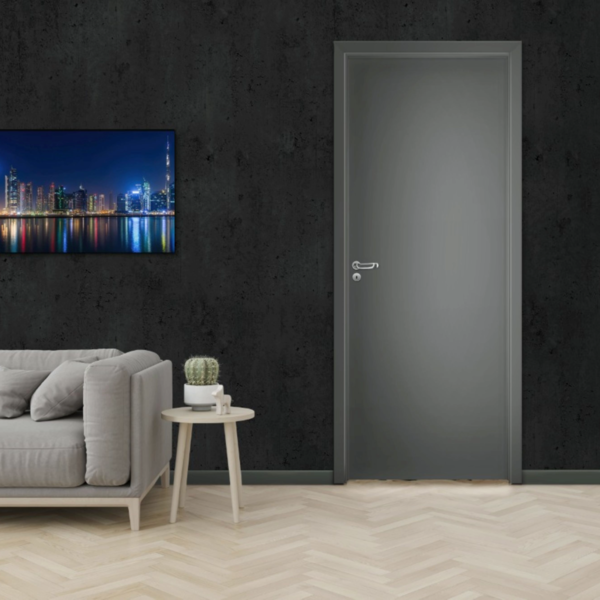 Porta de Madeira de Giro Direito e Esquerdo Cinza Lisa 210x60cm Sólida com Batente WPC 14 a 18cm Laca PU Pinhal