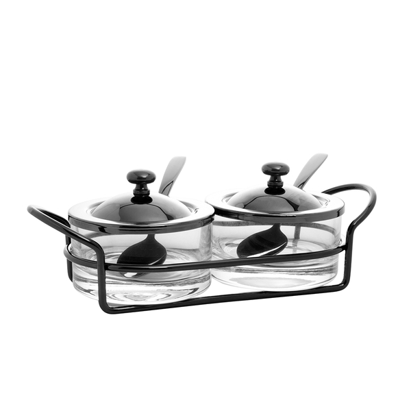 Porta Geléia De Vidro Com Suporte E Colher De Aço Italy Black