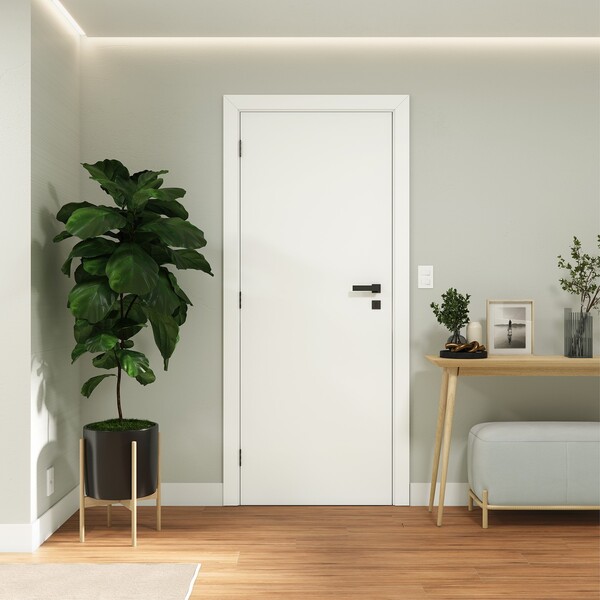 Porta de Madeira de Giro Direito e Esquerdo Branca 210x80cm Sarrafeada com Batente 7,5 a 16cm Vivace UV Lisa Artens