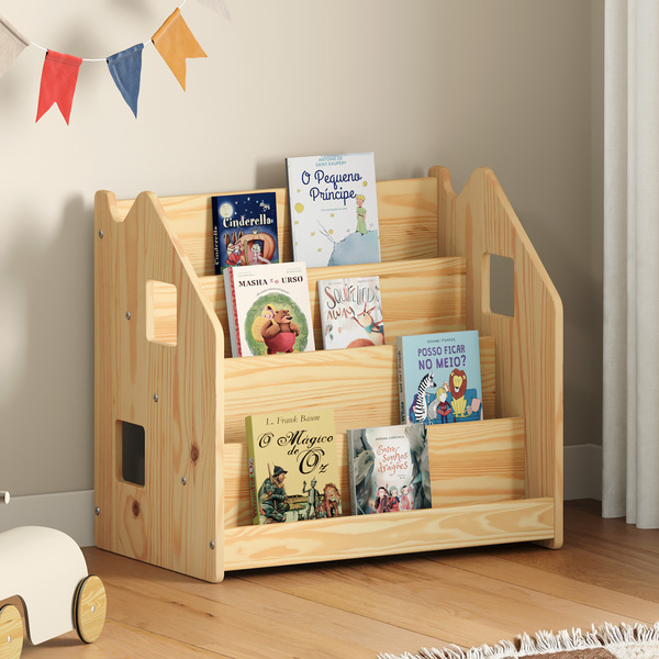 Porta Livros Madeira De Chão 4 Nichos Revisteiro Bruno Natural