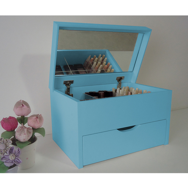 Porta Maquiagem Caixa Organizadora Com Espelho Azul Laca