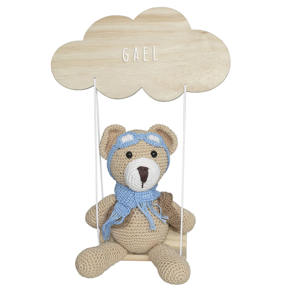 Porta Maternidade Nuvem Balança Com Ursinho Aviador Azul