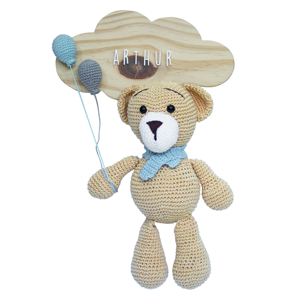 Porta Maternidade Nuvem Ursinho De Cachecol Azul Com Bexigas