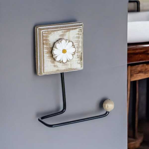 Porta Papel Higiênico Madeira Flor Branca