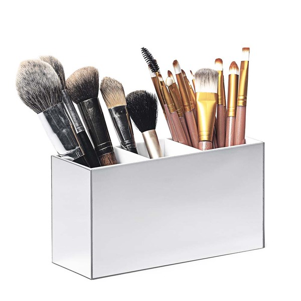 Porta Pincel De Maquiagem Em Acrílico Prata Com 3 Divisórias