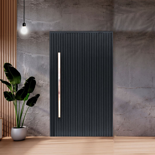 Porta de Giro Pivotante Ripada 1 Folha Alumínio Pintado Preto Lado Direito 2,10x1,20m Linha Palace Líder