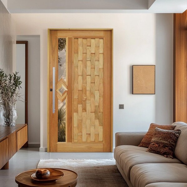 Porta Pivotante Couro Em Pé Losango Batente 14 Puxador Barra