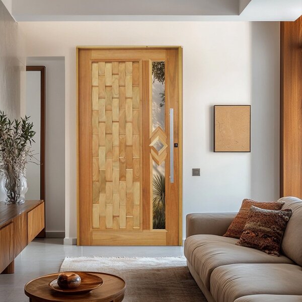 Porta Pivotante Couro Em Pé Losango Batente 14 Puxador Barra