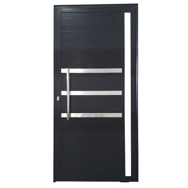 Porta Pivotante De Alumínio Preto Com Puxador, Friso E Vidro