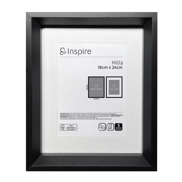 Porta Retrato com Vidro Milla Preto 1 Foto 13x18cm Inspire