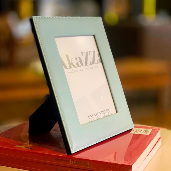 Porta Retrato Moderno Couro Azul Bebe P