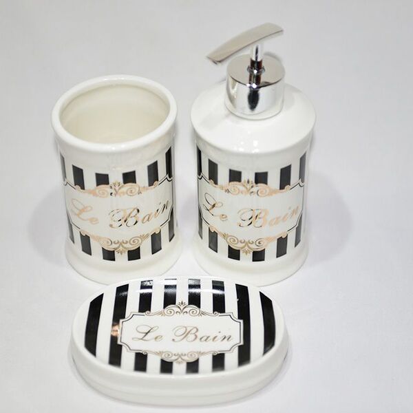 Porta Sabonete E  Porta Escova - Conjunto Listrado Com 3 Pçs
