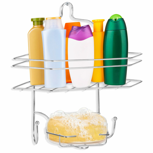 Porta Shampoo Aramado Cromado Com 2 Ganchos + Saboneteira Plá