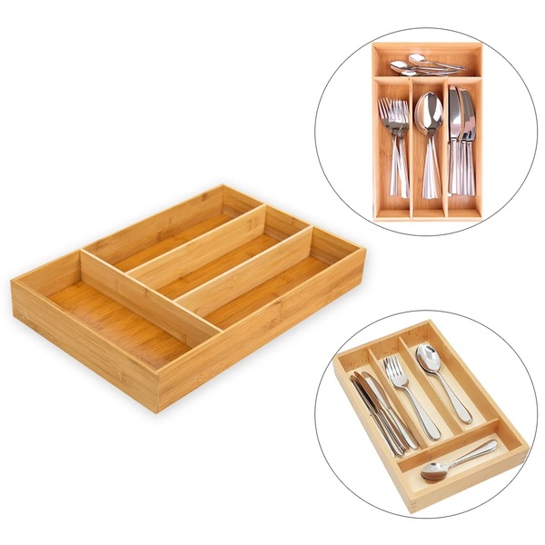 Porta Talheres Organizador Gaveta Bambu E Mdf 4 Divisorias Co