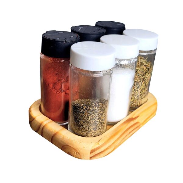 Porta Tempero - ÁGORA Acompanha 6 Potes de vidro 100Ml com Ta