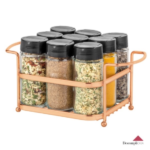 Porta Tempero Condimento 9 Potes Vidro Tampa Dosadora Suporte