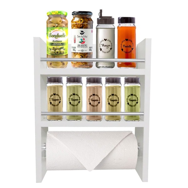 Porta Tempero De Parede Mdf Branco 2 Compartimentos E Suporte