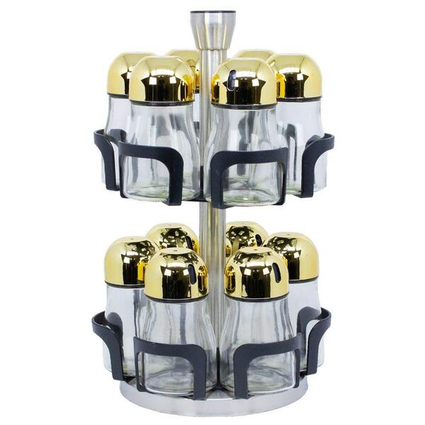 Porta Tempero Dourado Com 12 Potes Em Aco Inox, Abs E Vidro