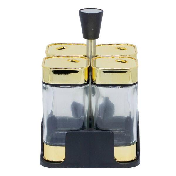 Porta Tempero Dourado Com 4 Potes Emaco Inox, Abs E Vidro