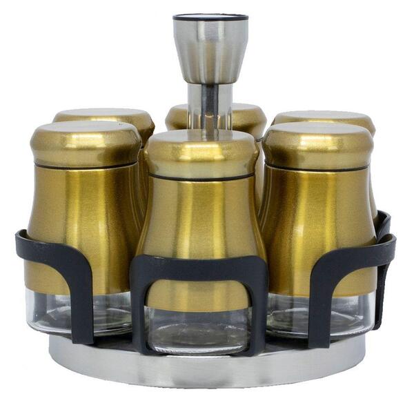 Porta Tempero Dourado Com 6 Potes Emaco Inox, Abs E Vidro