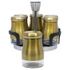 Porta Tempero Dourado Com 6 Potes Emaco Inox, Abs E Vidro