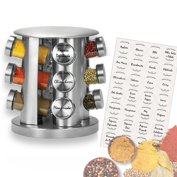 Porta Tempero e Condimentos Aço Inox com 12 Potes e Suporte G