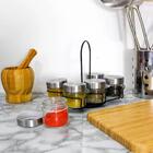 Porta Tempero Giratório Em Inox Com Potes De Vidro 7 Peças -