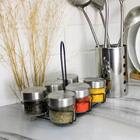 Porta Tempero Giratório Em Inox Com Potes De Vidro 7 Peças -