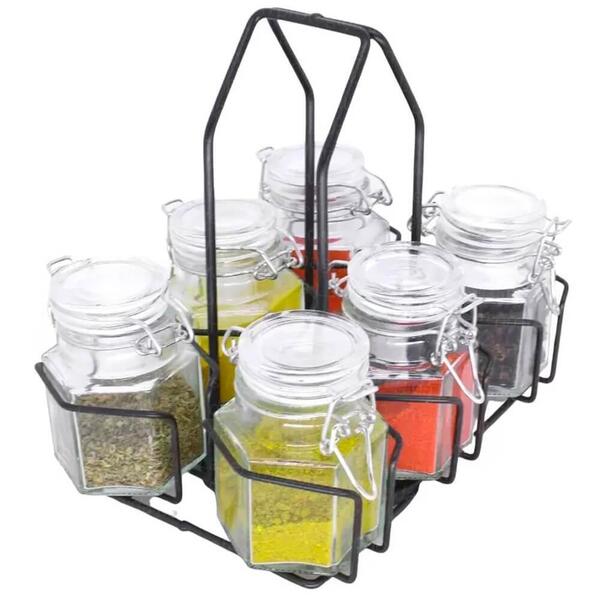Porta Tempero Giratório Em Inox Com Potes Herméticos 7 Peças