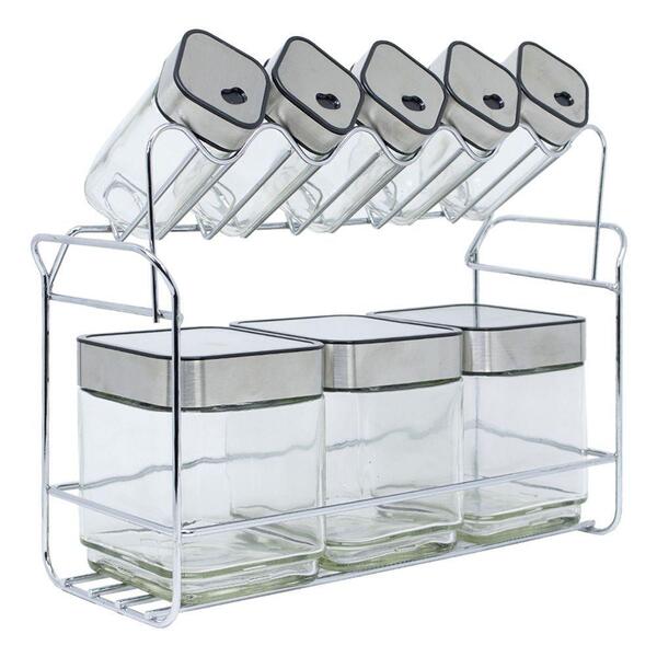Porta Tempero Prata Com 8 Potes Em Aco, Inox, Abs E Vidro