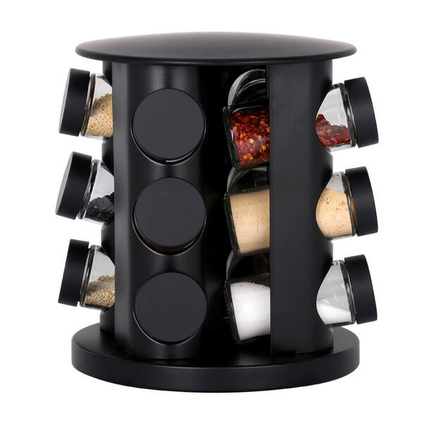 Porta Tempero Preto Fosco 12 Frascos Giratório Redondo