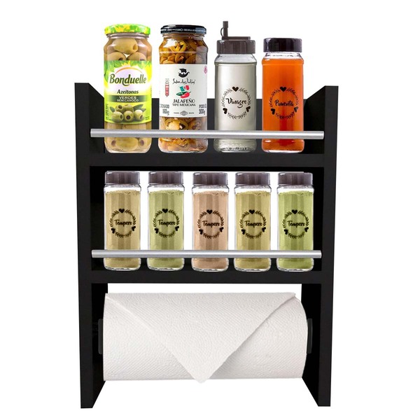 Porta Temperos Condimentos Parede Suporte Papel Toalha Preto